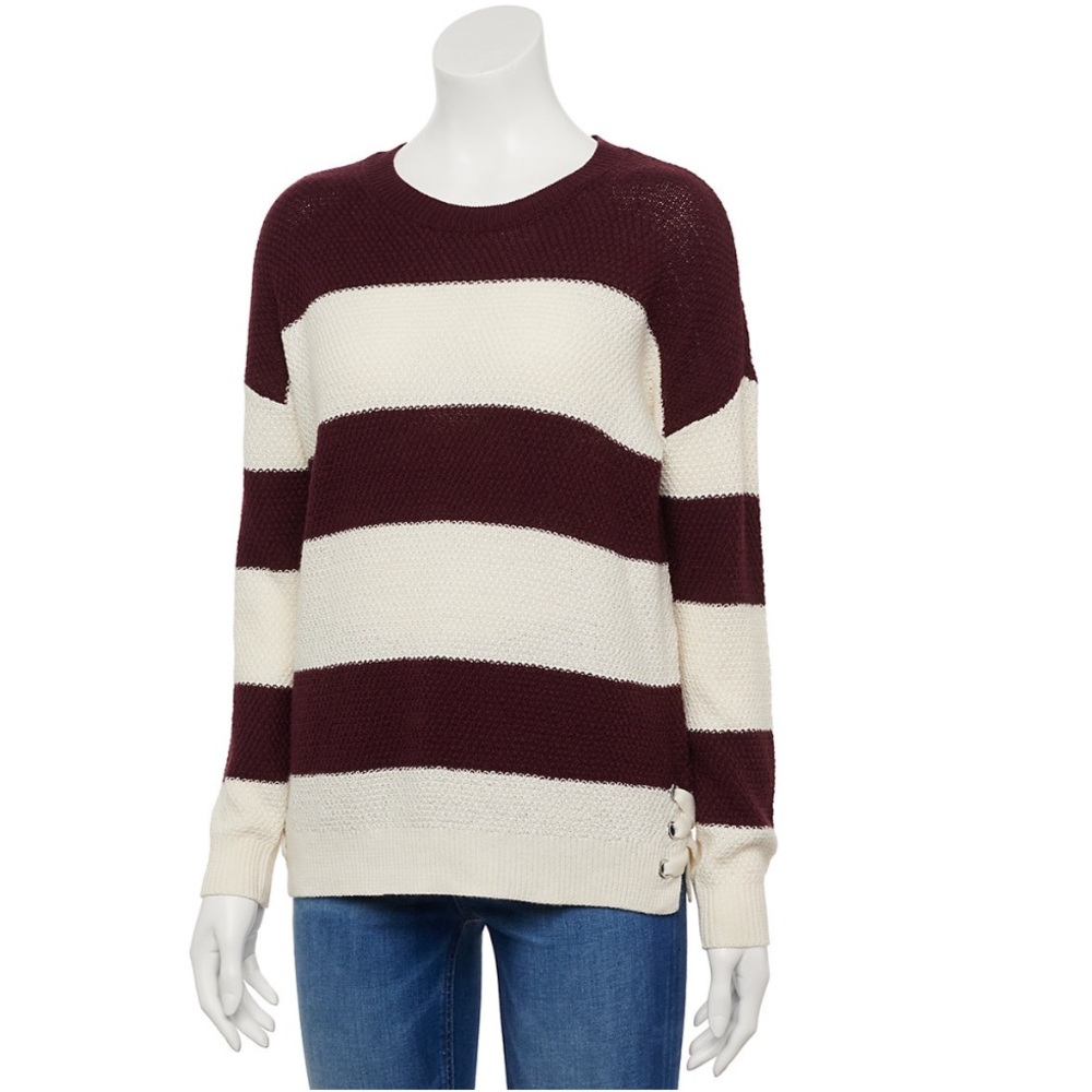 •PINK REPUBLIC•NWT MAGMA STRIPE SIDE LACE CREWNECK KNIT RIBBED SWEATER  (SMALL)